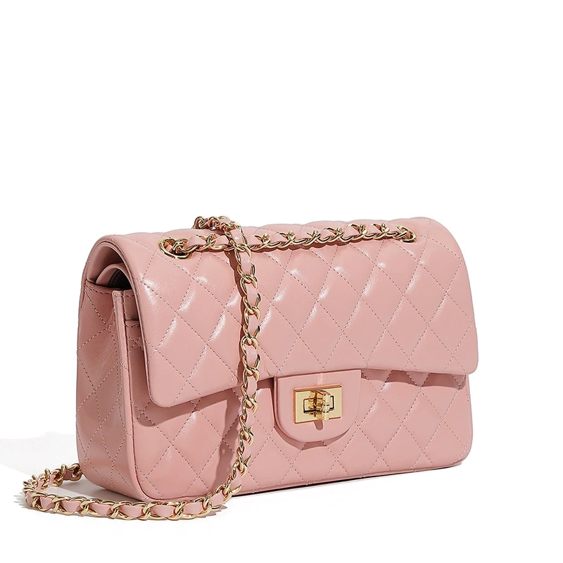 DEEPKEE 頭層牛皮鏈條菱格單肩斜挎真皮小方包 2382 號