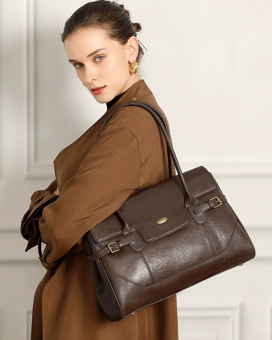 DEEPKEE 簡約頭層牛皮真皮大容量復古手提單肩腋下托特包 3207 號