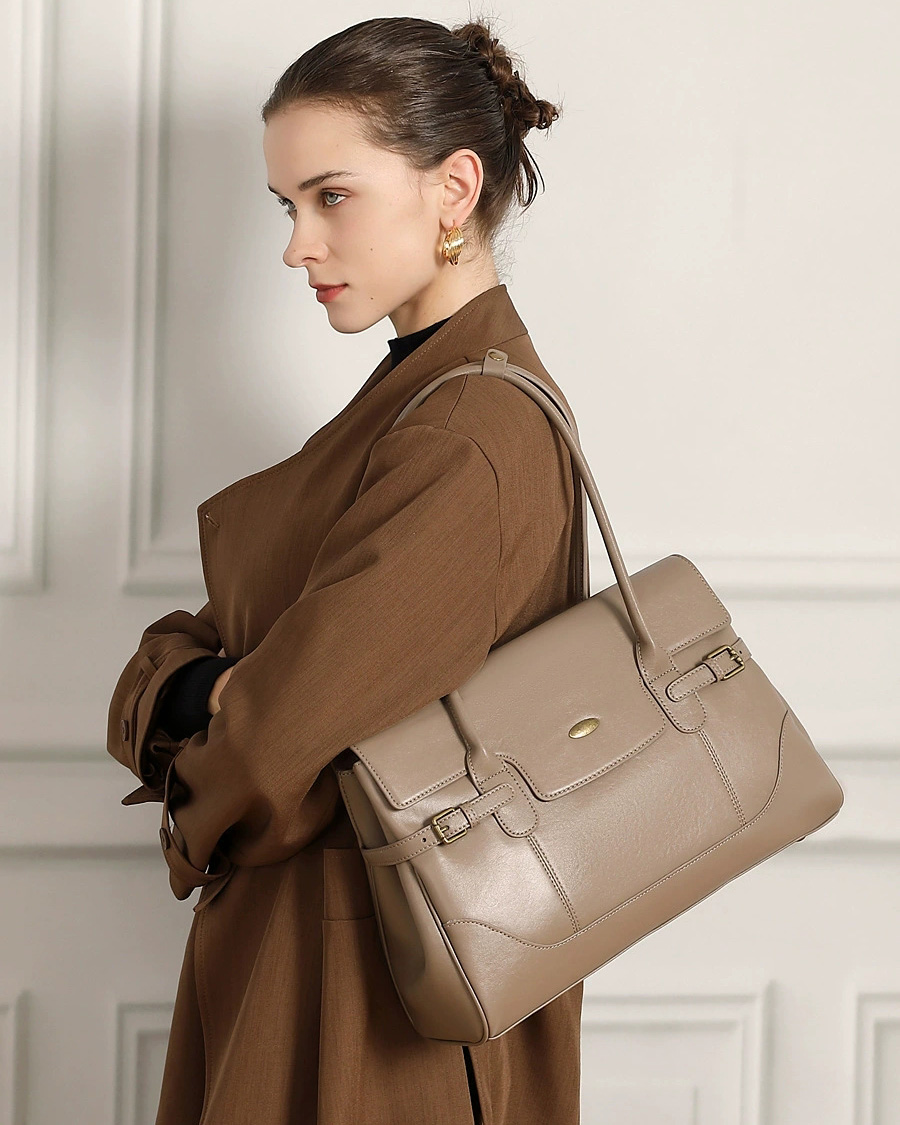 DEEPKEE 簡約頭層牛皮真皮大容量復古手提單肩腋下托特包 3207 號