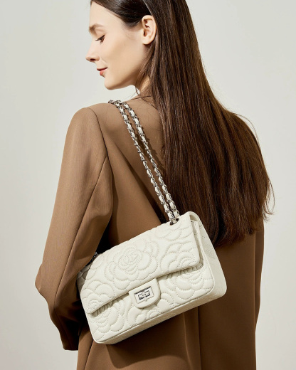 DEEPKEE 山茶花头层真皮洋气菱格链条包单肩斜挎包 2780 号