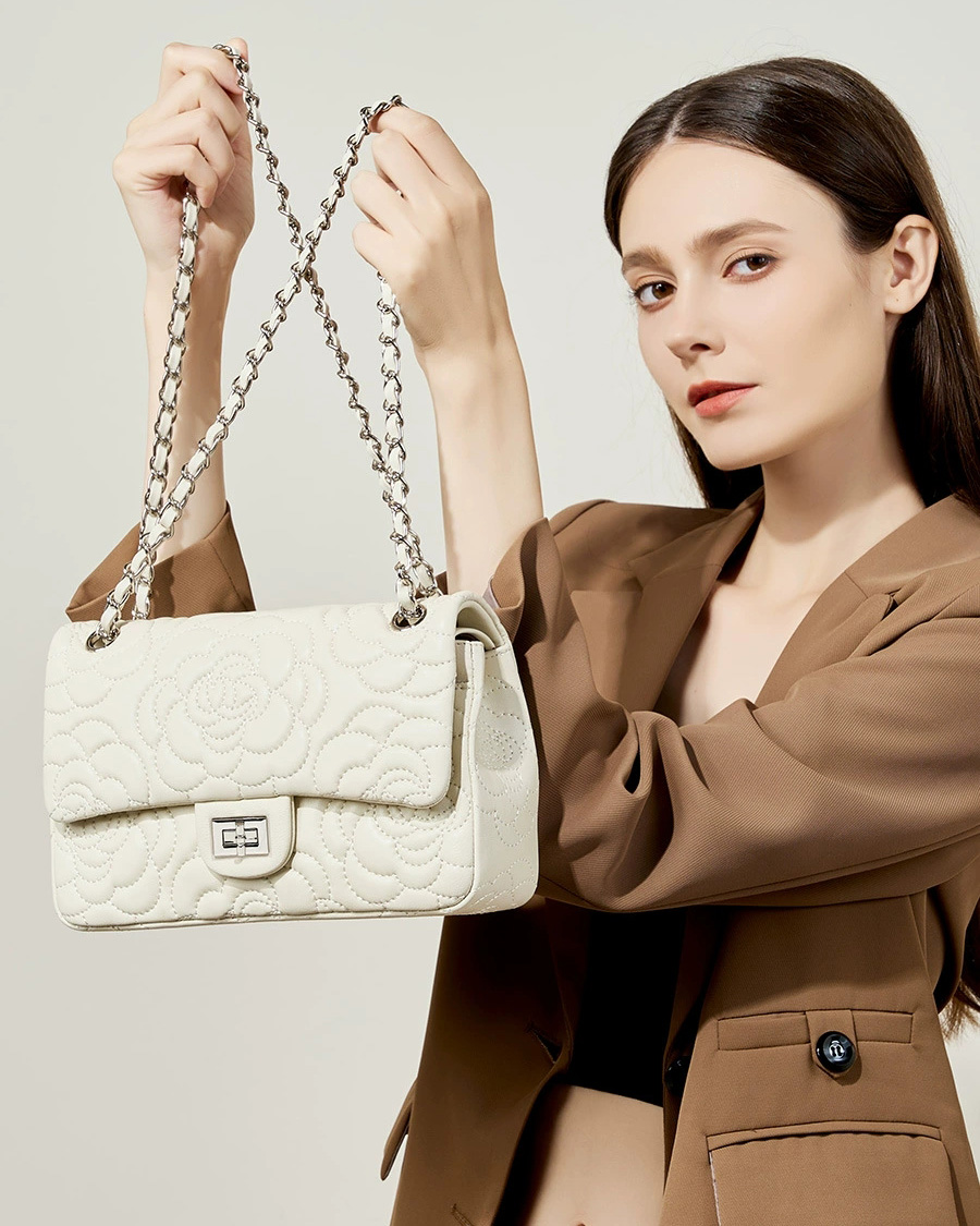 DEEPKEE 山茶花头层真皮洋气菱格链条包单肩斜挎包 2780 号