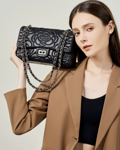 DEEPKEE 山茶花头层真皮洋气菱格链条包单肩斜挎包 2780 号