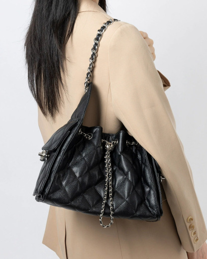 DEEPKEE 菱格真皮單肩腋下流浪水桶抽繩包 3173 號