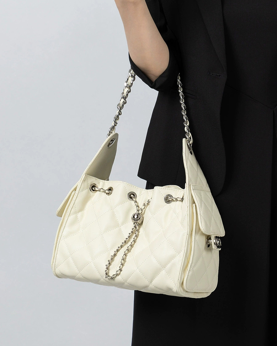 DEEPKEE 菱格真皮單肩腋下流浪水桶抽繩包 3173 號