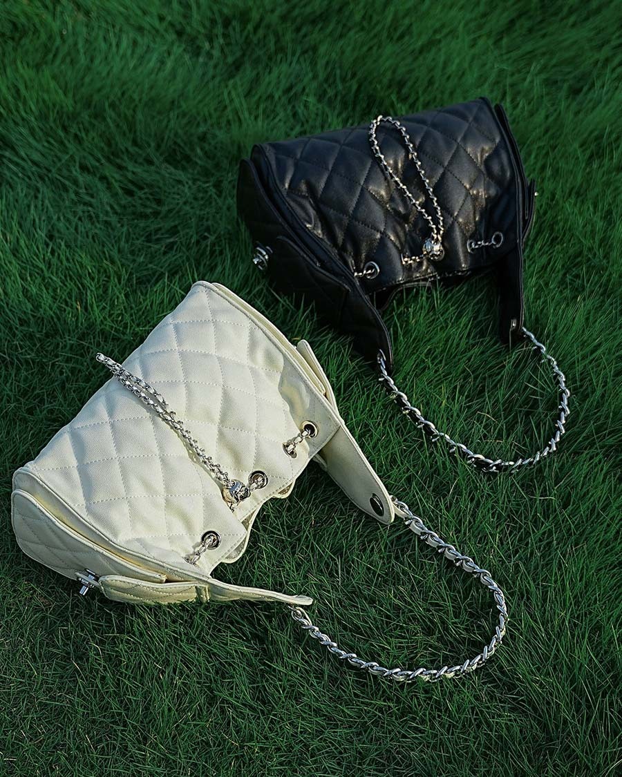 DEEPKEE 菱格真皮單肩腋下流浪水桶抽繩包 3173 號