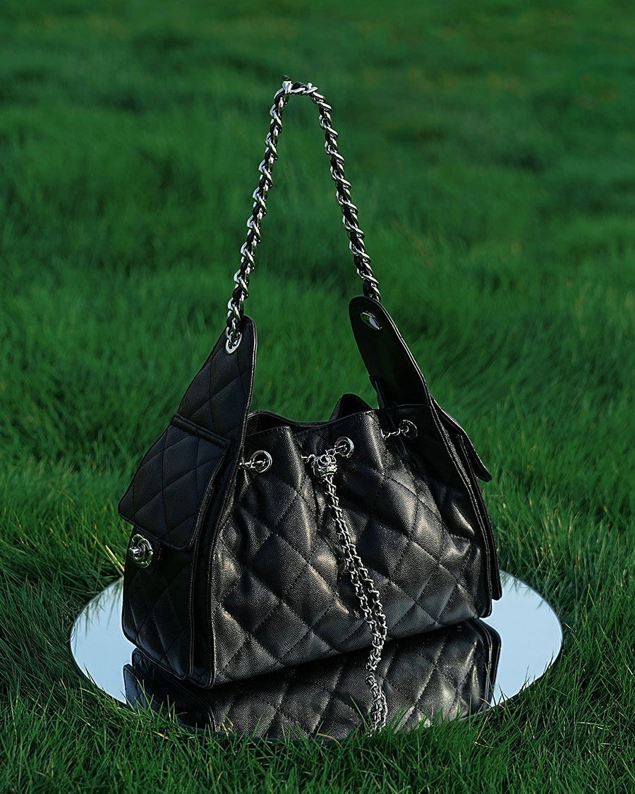 DEEPKEE 菱格真皮單肩腋下流浪水桶抽繩包 3173 號