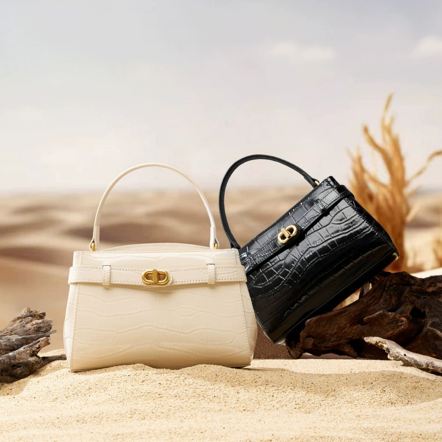 DEEPKEE 鱷魚紋鎖扣小方包真皮手提斜挎包 2897 號