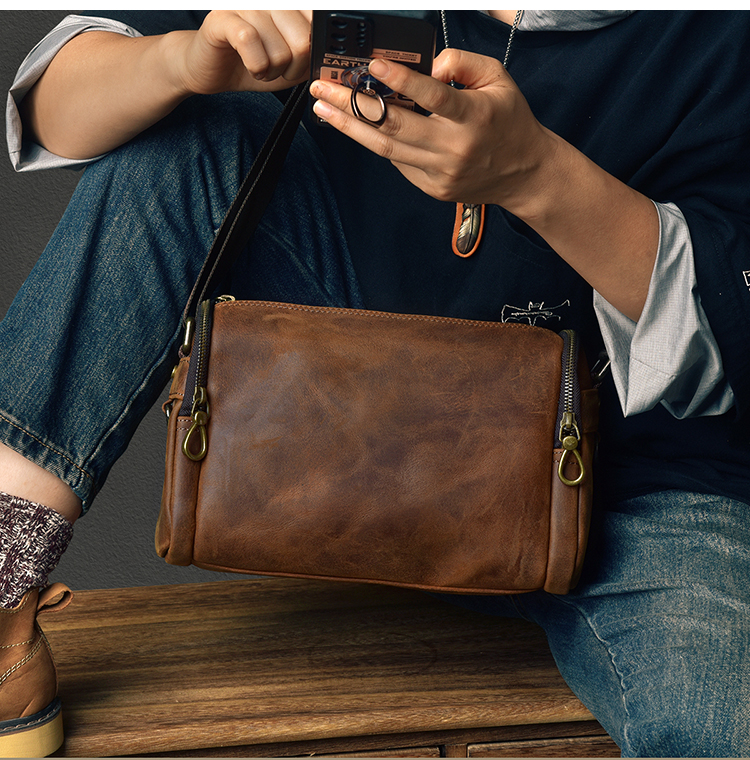 DEEPKEE 瘋馬皮男款枕頭包 質感牛皮 024 號