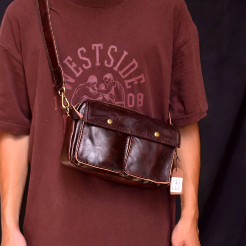 DEEPKEE 手工原創植鞣牛皮男士單肩斜挎包 75169 號