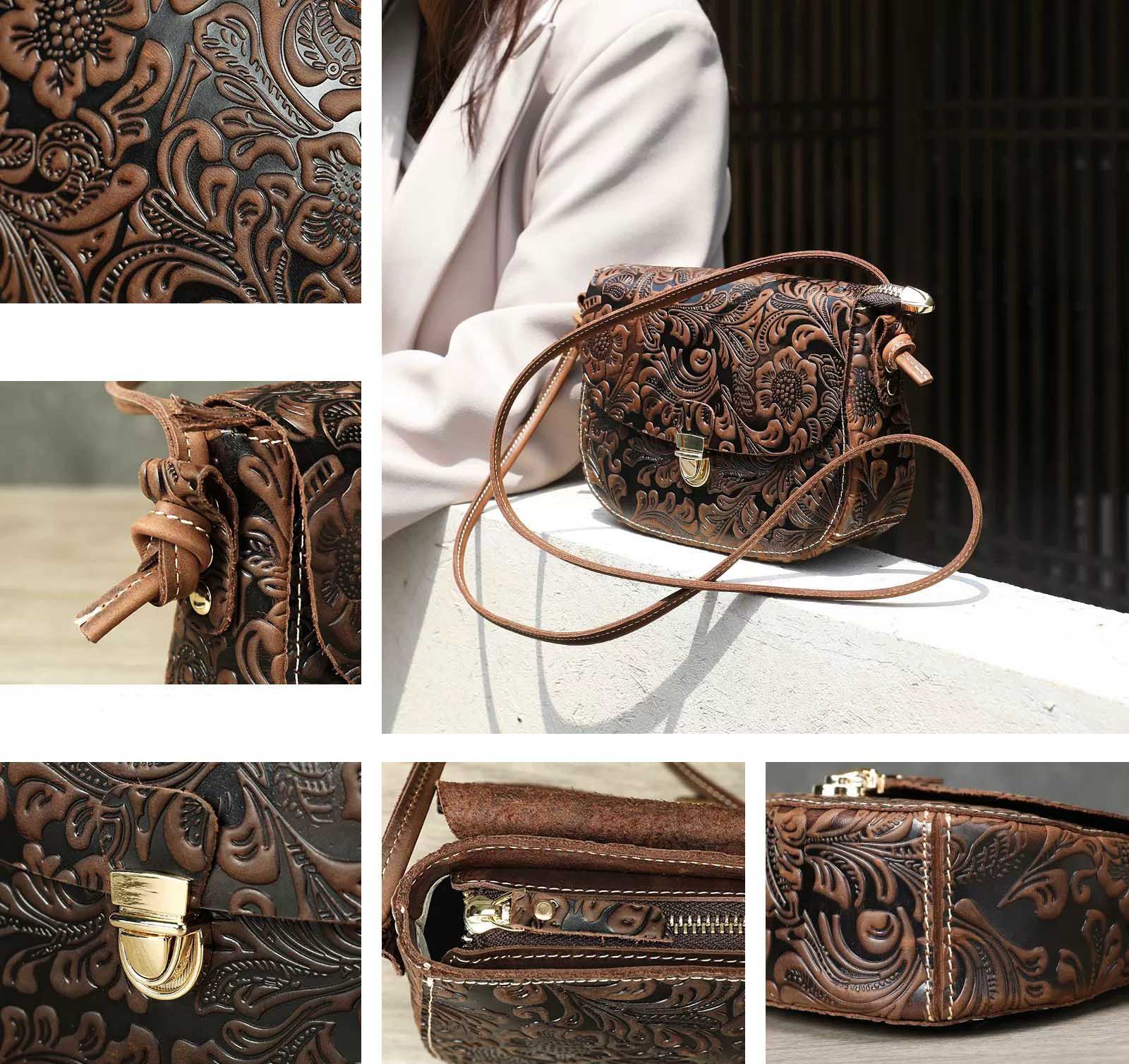 DEEPKEE 真皮單肩包｜頭層牛皮壓花鎖扣斜挎復古小包 7782 號