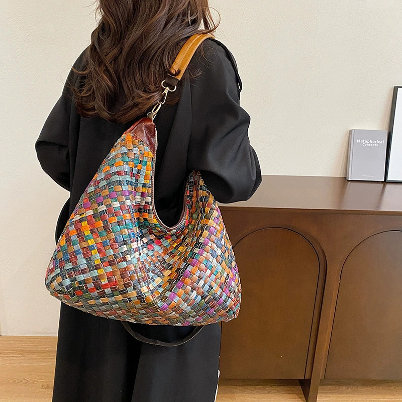 DEEPKEE 復古女包 手工編織彩色單肩包 時尚拼接大容量手提斜挎包 3903ML 號
