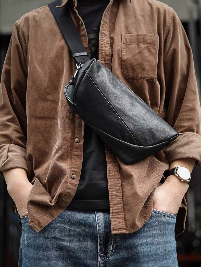 DEEPKEE 頭層牛皮單肩斜挎包 男款高級感外出便攜胸包 2712D 號