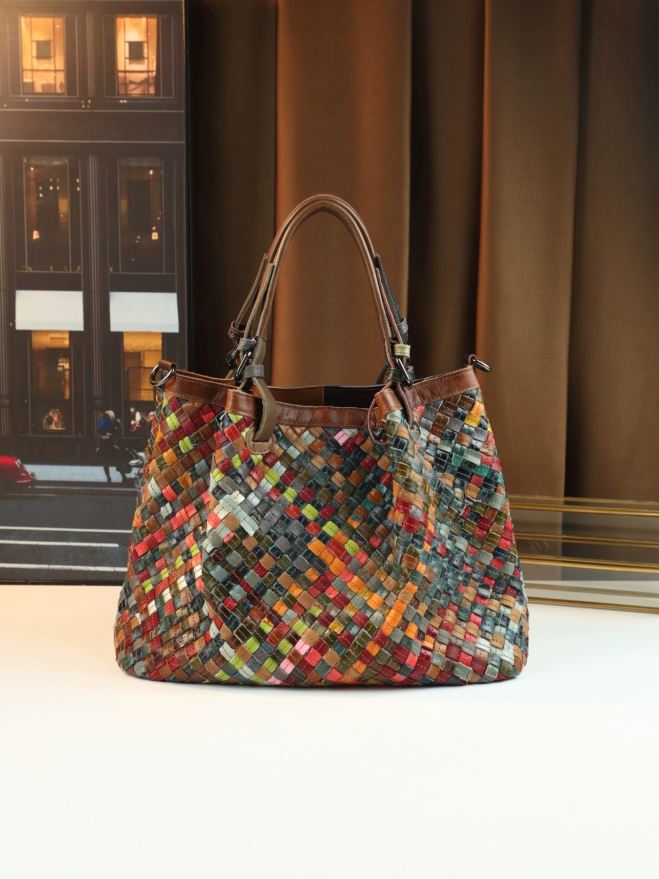 DEEPKEE 復古女包 手工編織彩色真皮拼接 大容量手提包 6620 號