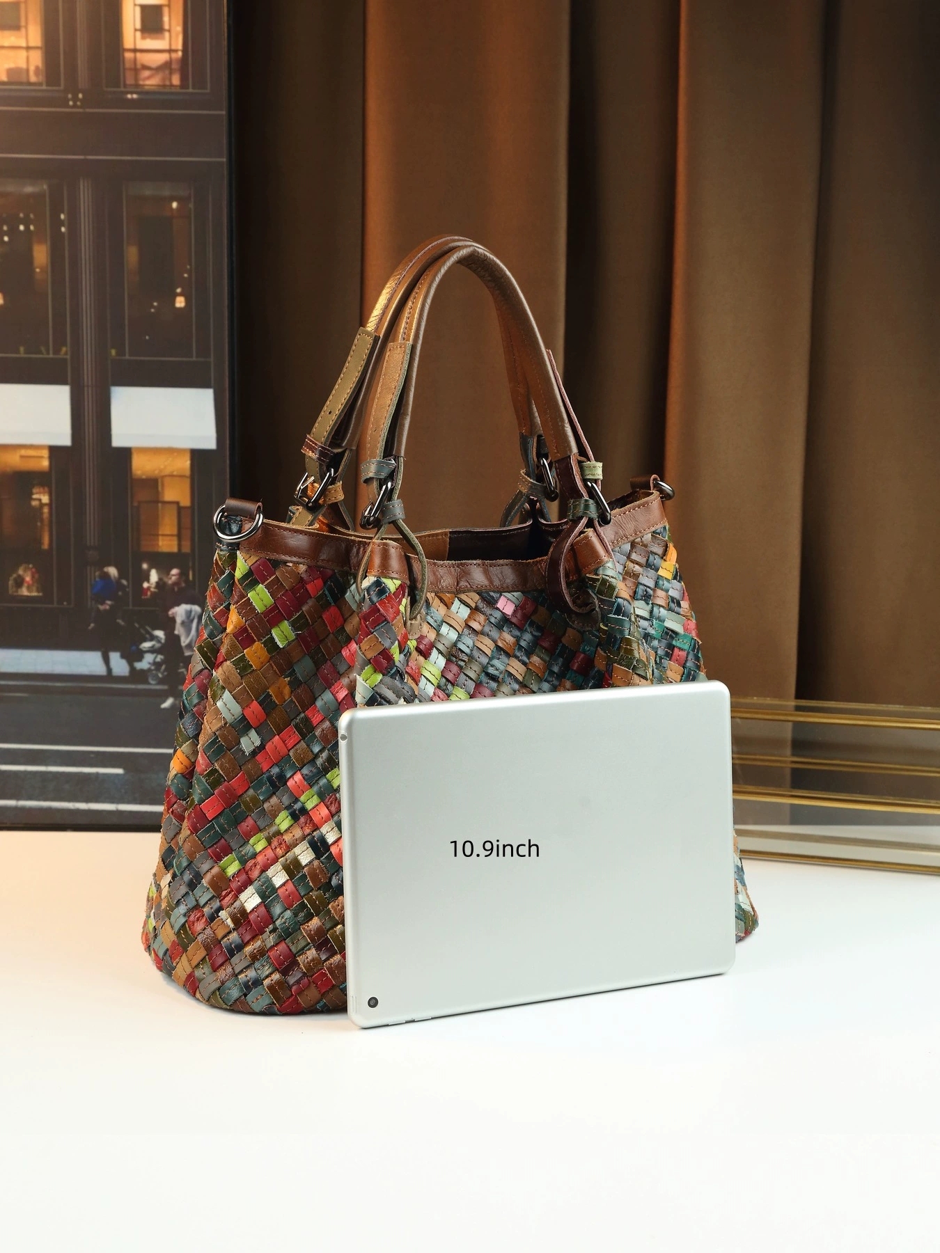 DEEPKEE 復古女包 手工編織彩色真皮拼接 大容量手提包 6620 號