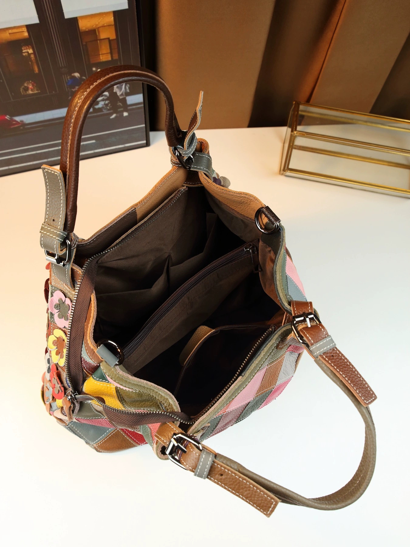 DEEPKEE 復古女包 手工編織彩色真皮拼接 大容量手提包 6620 號