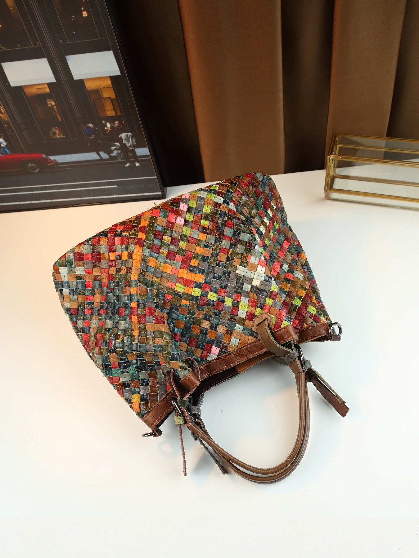 DEEPKEE 復古女包 手工編織彩色真皮拼接 大容量手提包 6620 號