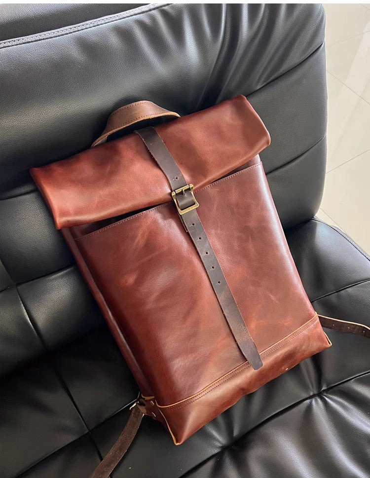 Handmade Leather Outdoor Roll-Top Backpack #5141