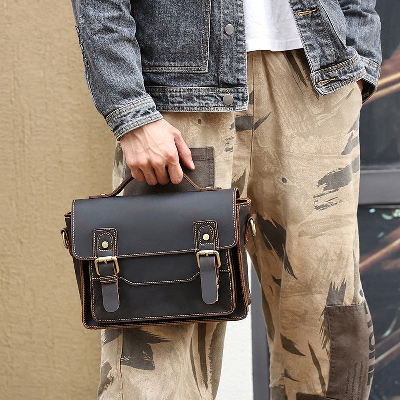 Brown Small Leather Satchel Side Bag 8 inches Messenger Bag Crossbody Purse for Men