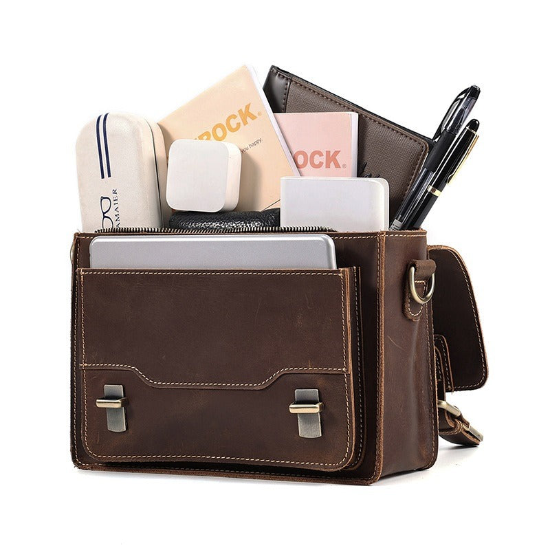 Brown Small Leather Satchel Side Bag 8 inches Messenger Bag Crossbody Purse for Men