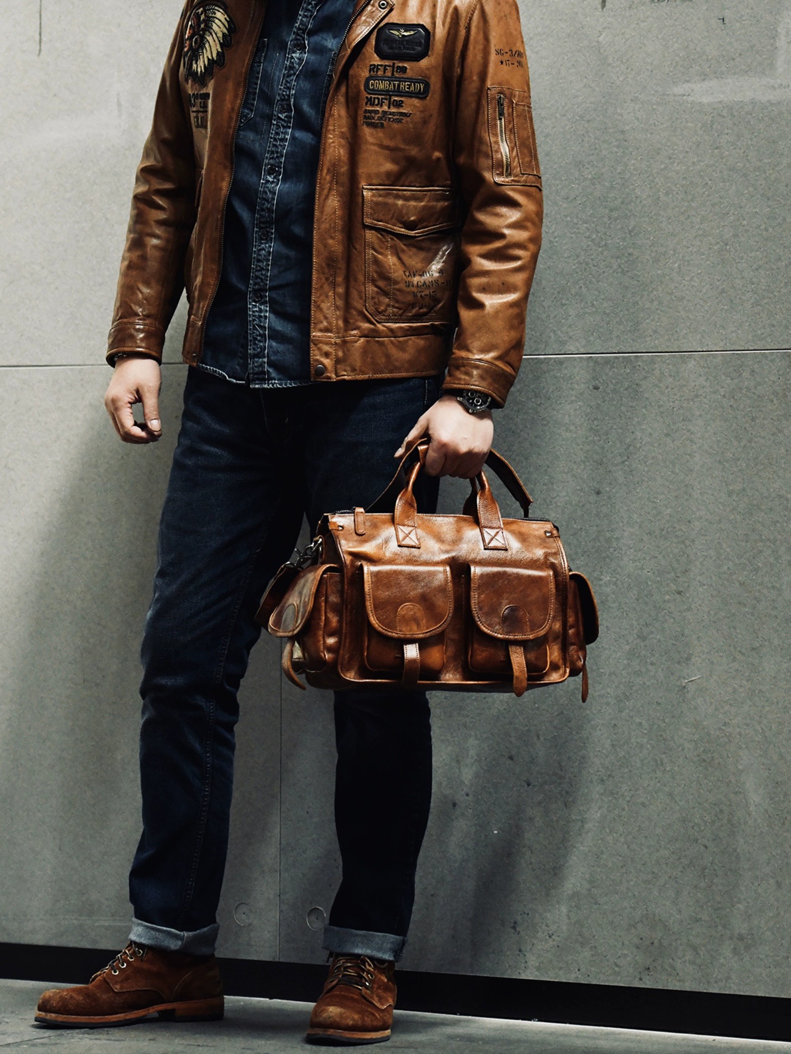 香港狄記手工 - 擦色手提包 植鞣牛皮可斜挎公事包3454號