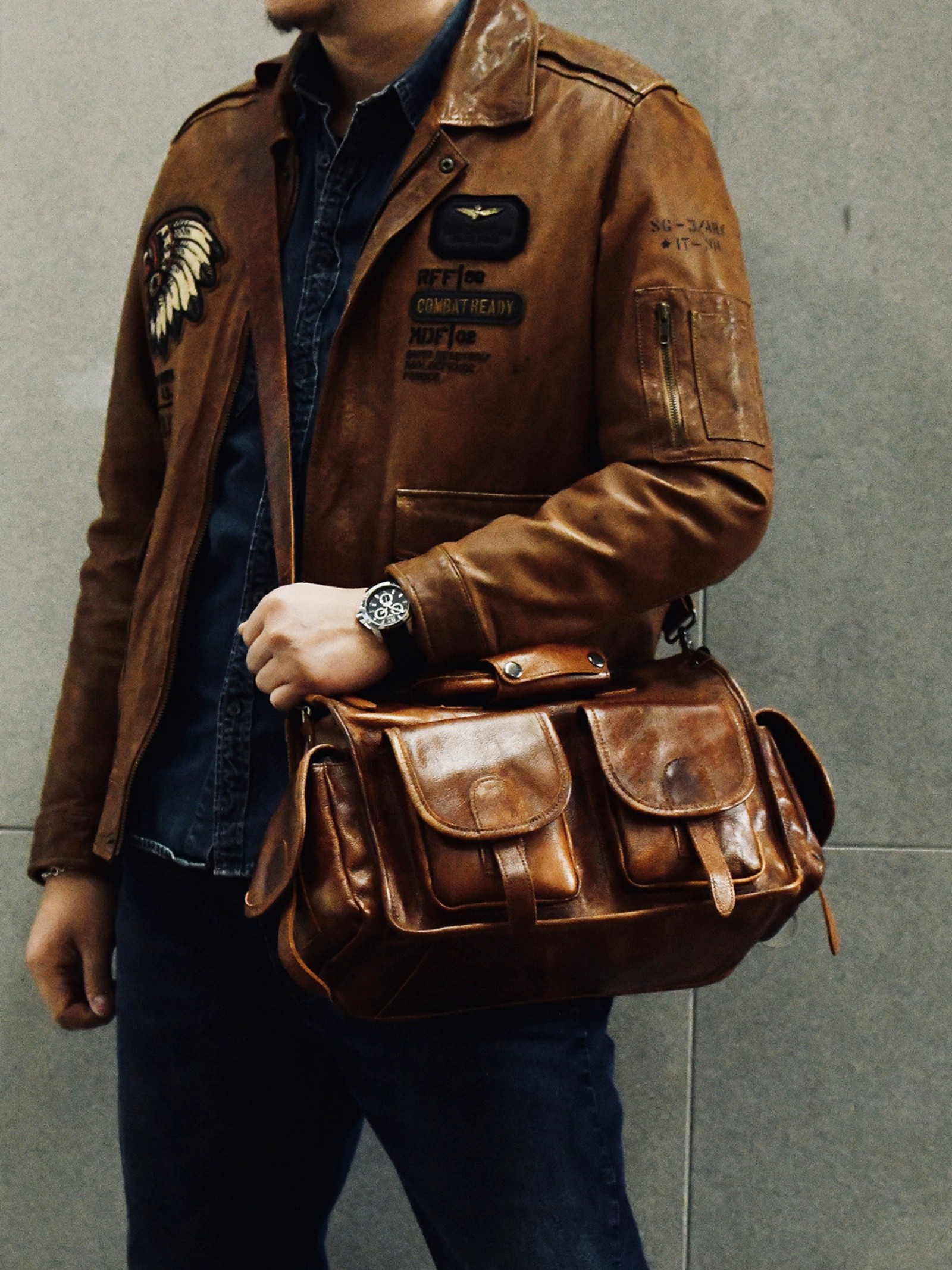 香港狄記手工 - 擦色手提包 植鞣牛皮可斜挎公事包3454號