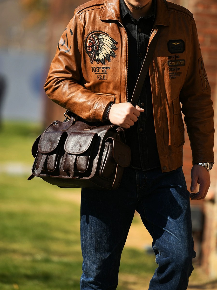 香港狄記手工 - 擦色手提包 植鞣牛皮可斜挎公事包3454號