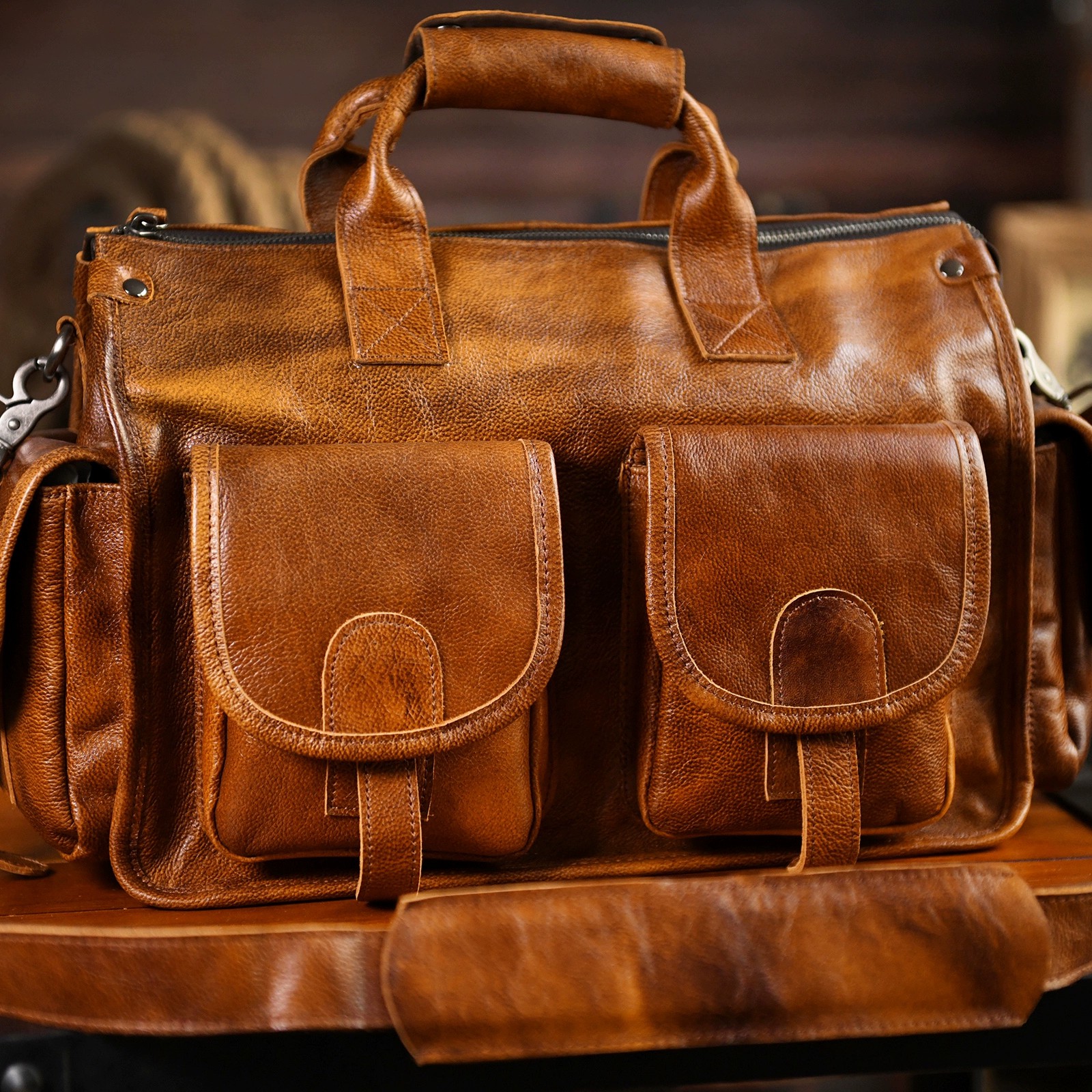 香港狄記手工 - 擦色手提包 植鞣牛皮可斜挎公事包3454號