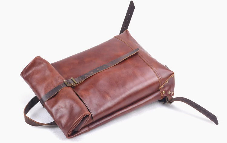 Handmade Leather Outdoor Roll-Top Backpack #5141