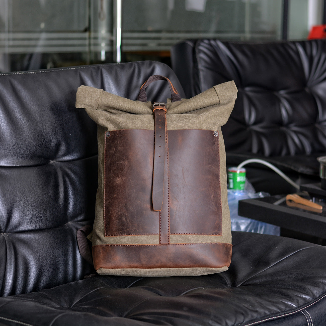Handmade Canvas&leather Roll Top Expansion Backpack No.5118