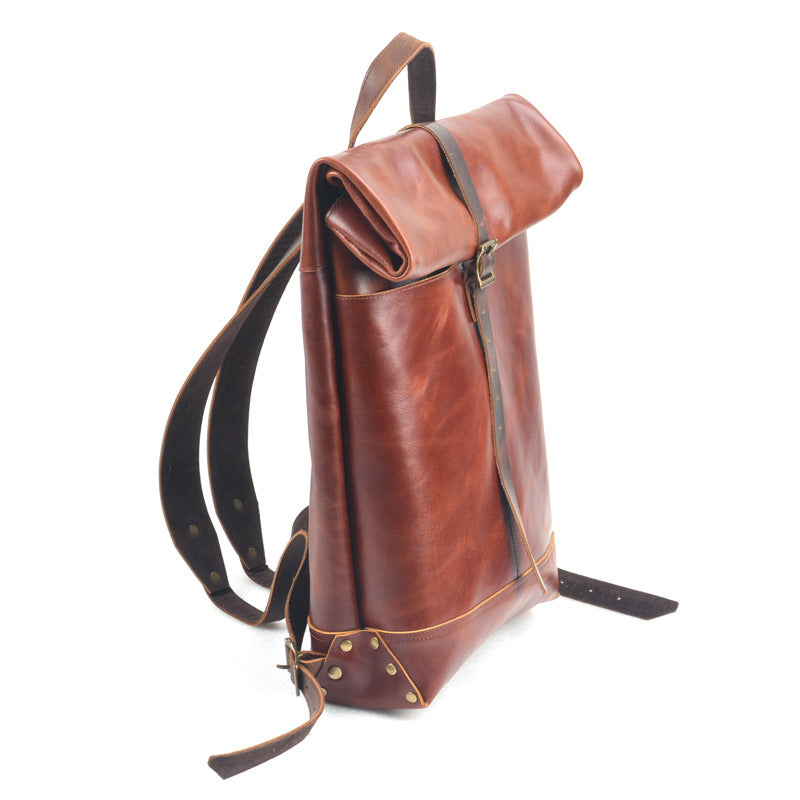 Handmade Leather Outdoor Roll-Top Backpack #5141