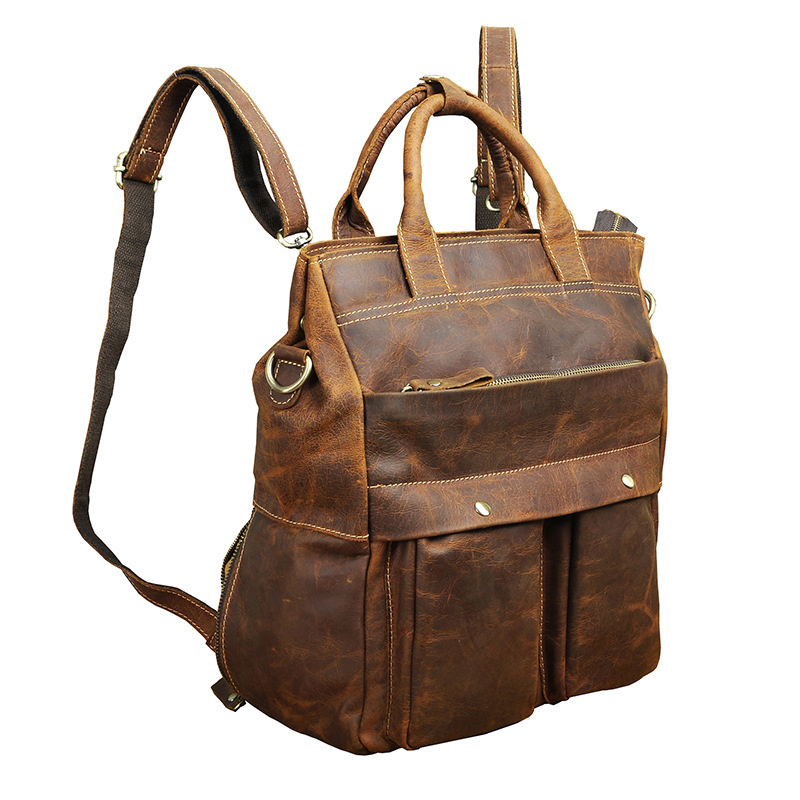 香港狄記手工包包 - 進口瘋馬皮真皮 13吋雙肩戶外背包電腦包 9999號