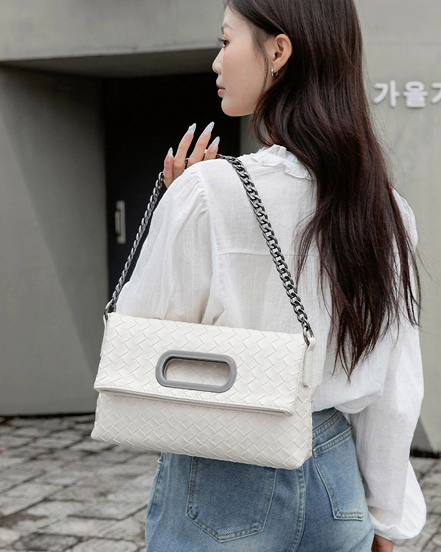 DEEPKEE 真皮編織包 折疊菱格鍊條包 38002 號