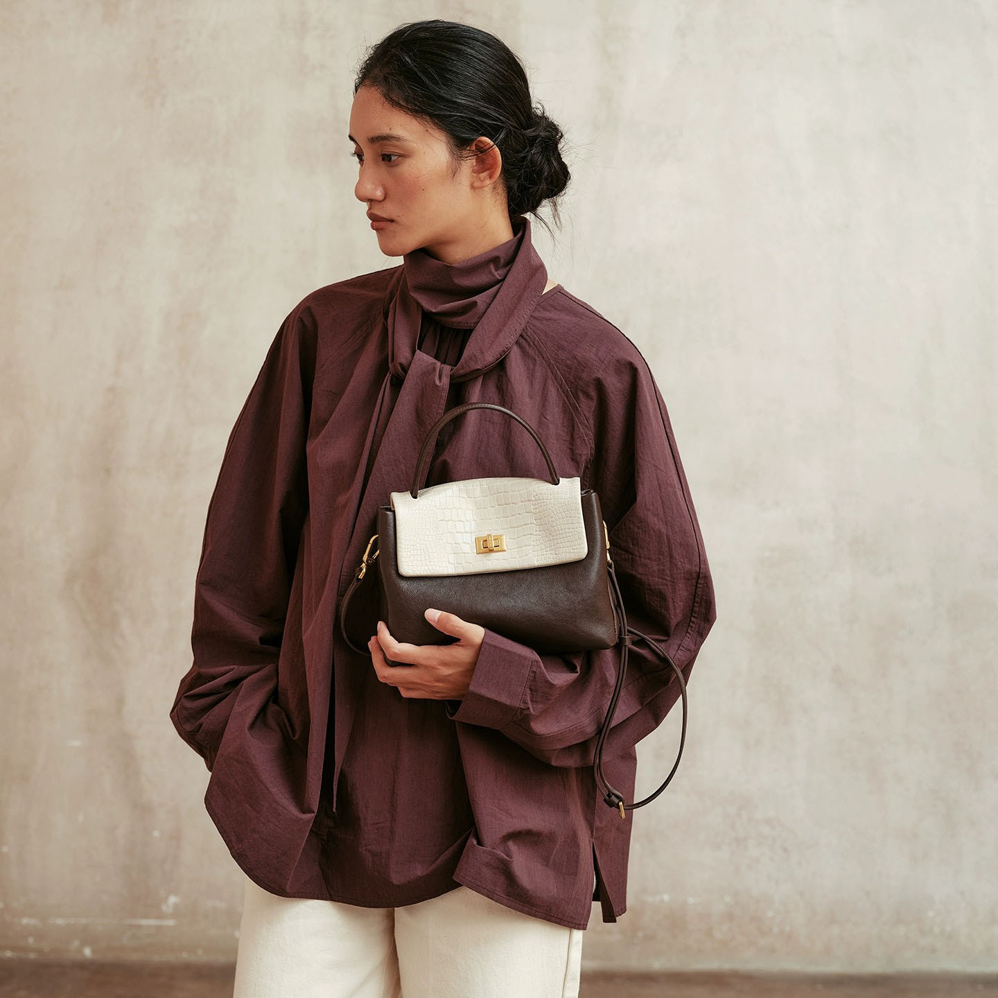 DEEPKEE-頭層植鞣牛皮拼色手提包 3158 號