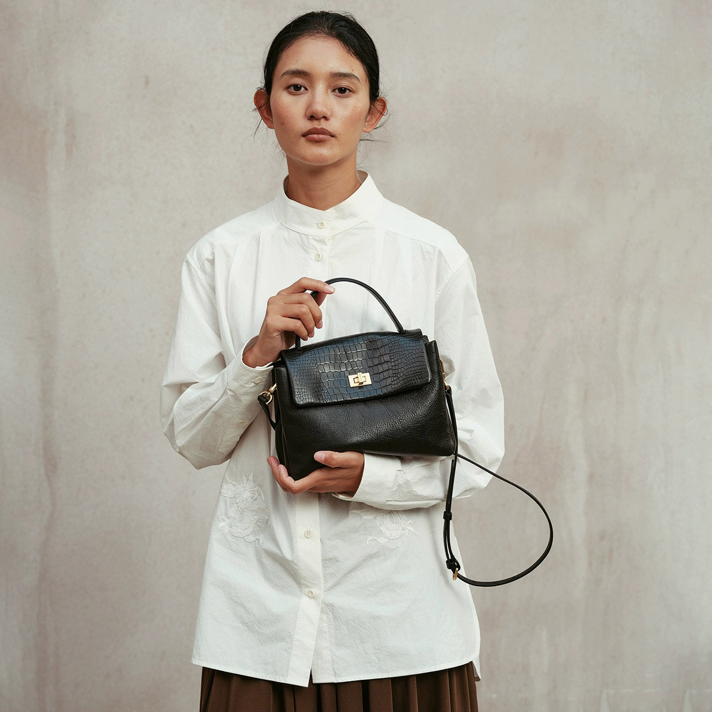 DEEPKEE-頭層植鞣牛皮拼色手提包 3158 號