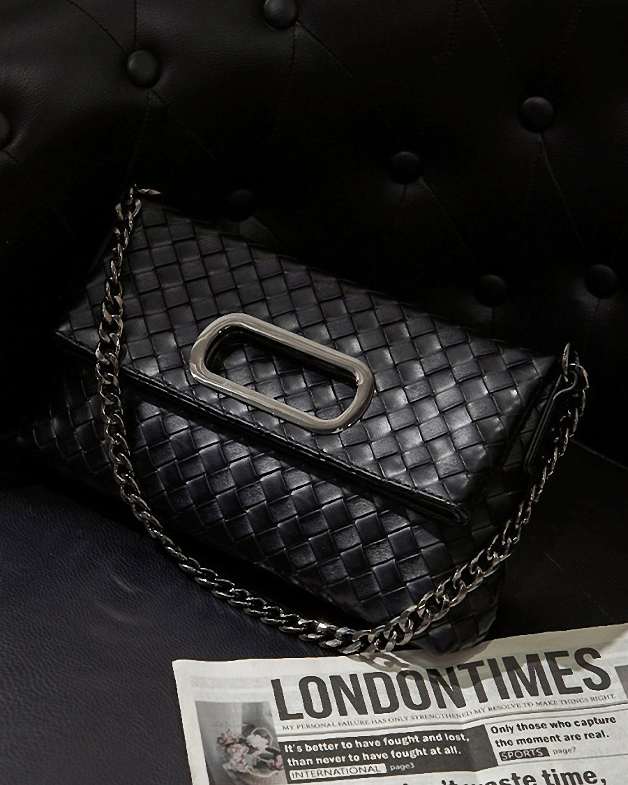 DEEPKEE 真皮編織包 折疊菱格鍊條包 38002 號