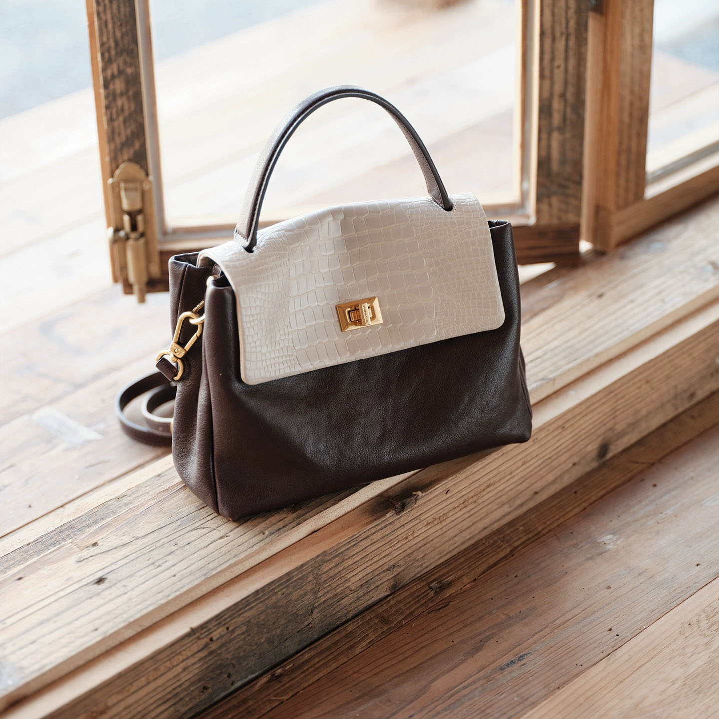 DEEPKEE-頭層植鞣牛皮拼色手提包 3158 號