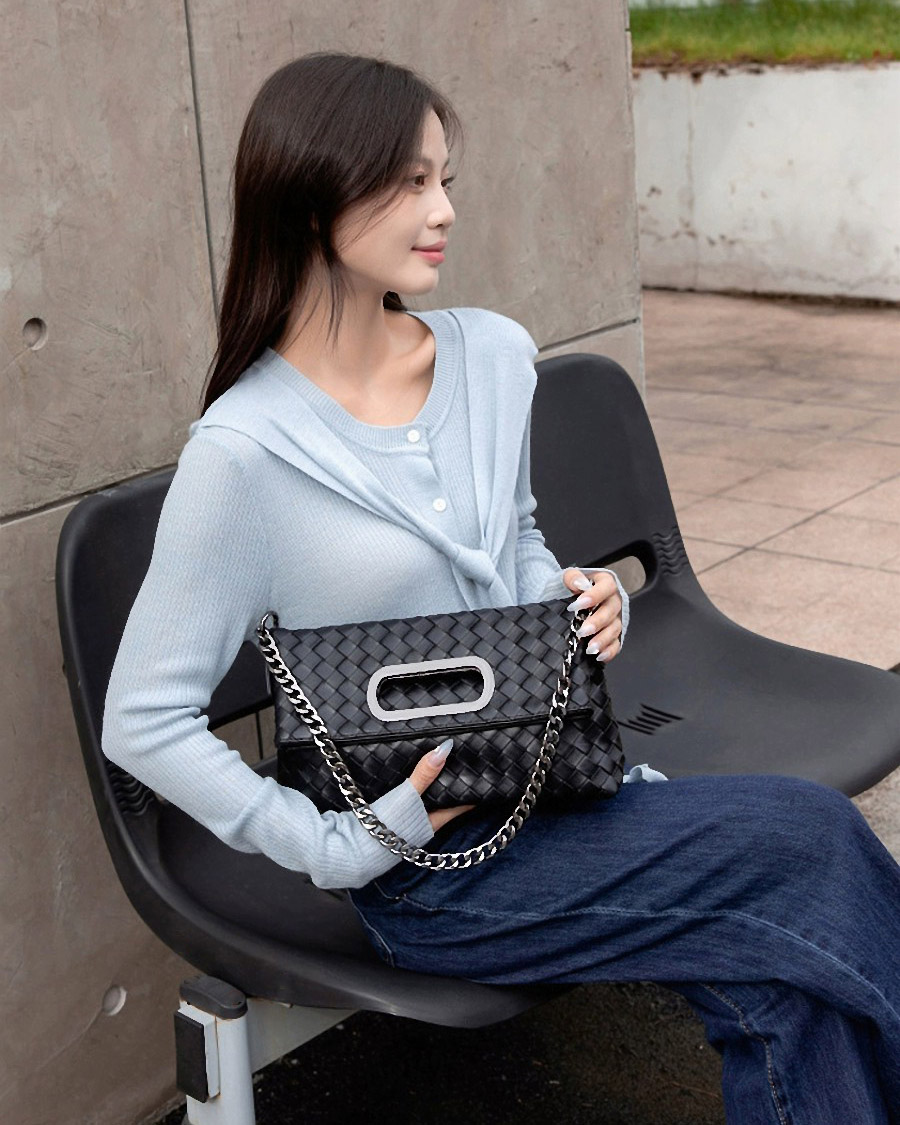 DEEPKEE 真皮編織包 折疊菱格鍊條包 38002 號