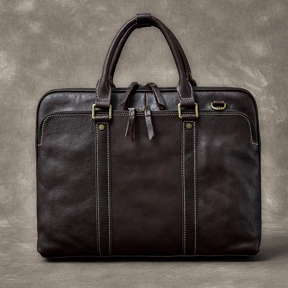 DEEPKEE 5196 號牛皮手提公文包｜復古手工 15 吋橫款 商務男士電腦包高檔真皮款