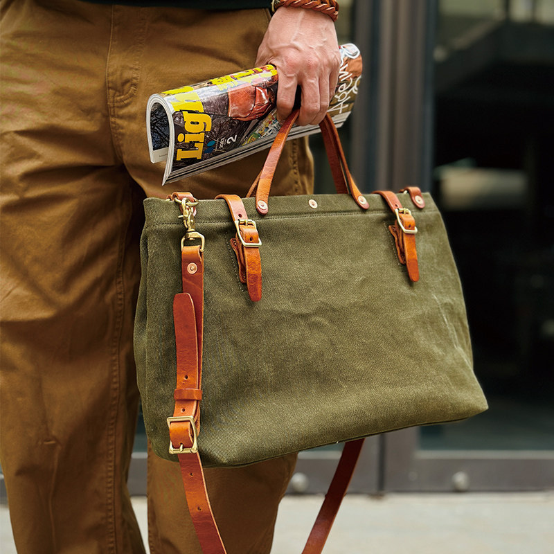 DEEPKEE美式復古重磅帆布包手工加厚Vintage拼皮托特包6560號