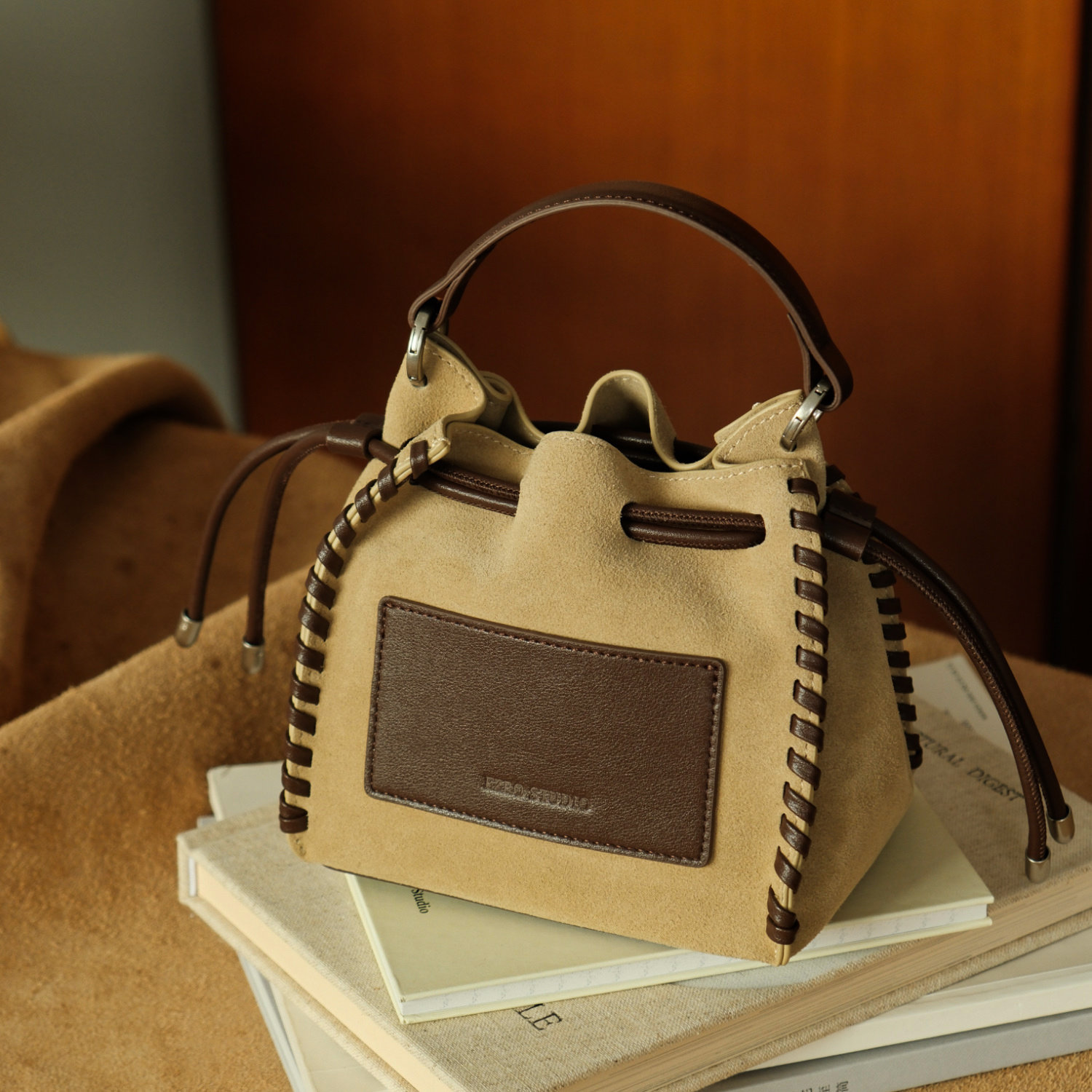 DEEPKEE 磨砂牛皮拼色抽繩福袋包 6267 號