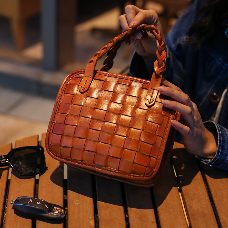 DEEPKEE 手工真皮編織包 頭層植鞣牛皮小方包 BZFB-001 號