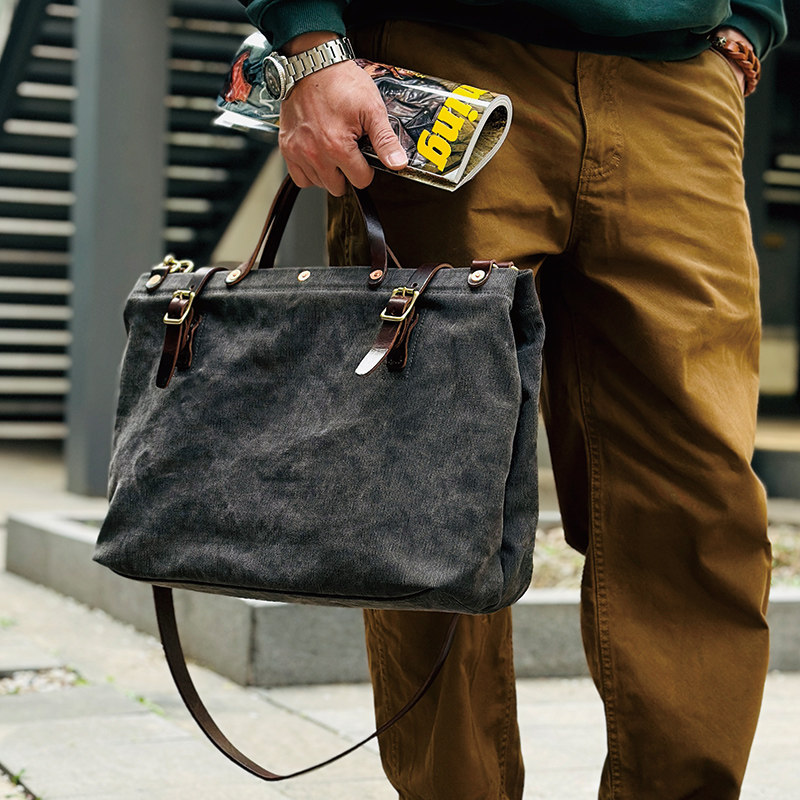 DEEPKEE美式復古重磅帆布包手工加厚Vintage拼皮托特包6560號