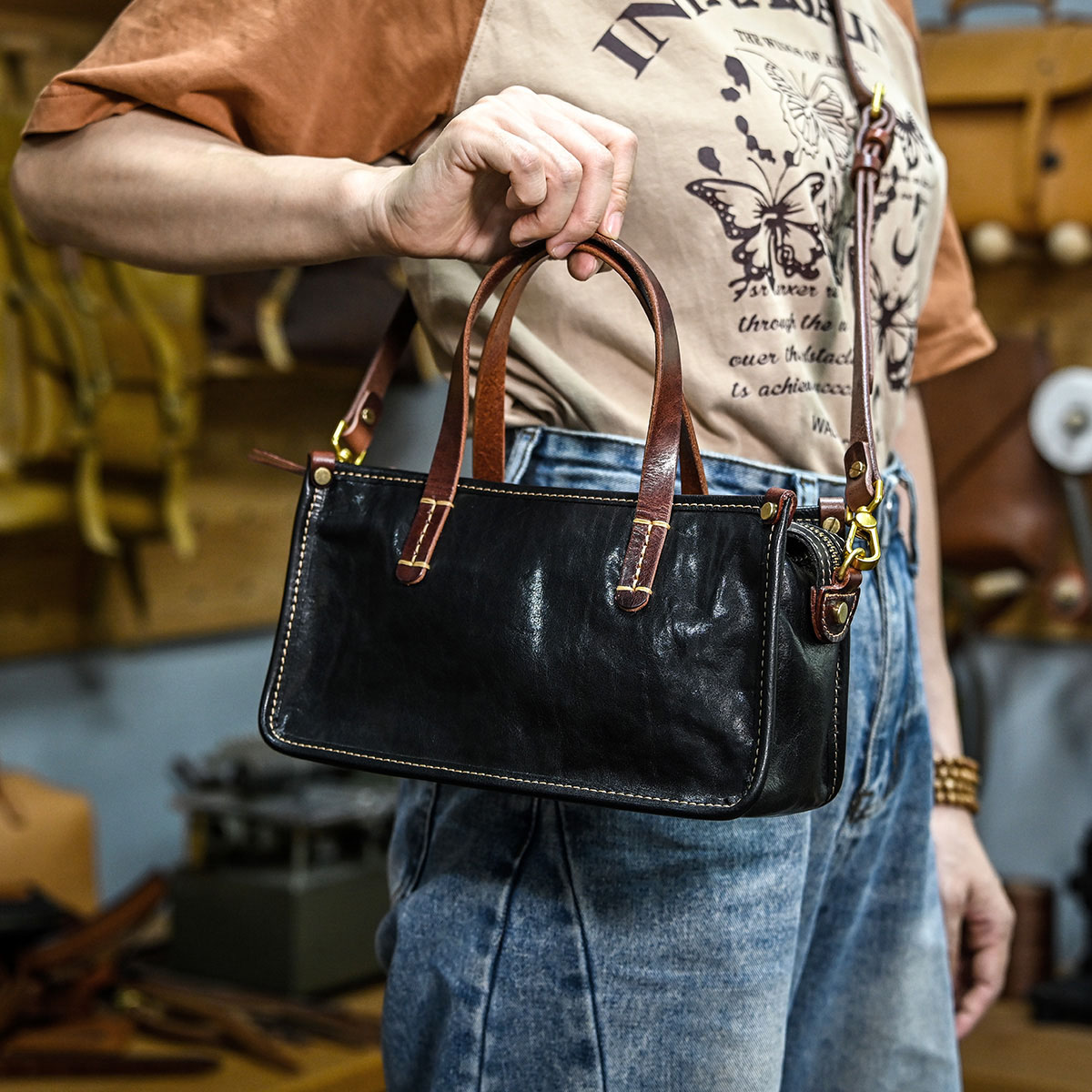 DEEPKEE original nubuck handmade full-grain genuine leather cowhide bag 復古包款 小眾軟皮手工包 真皮小方包 0727 號