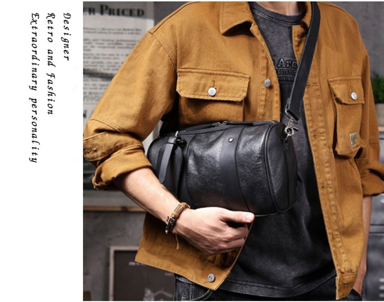 香港狄記皮具 狄記 原創真皮手工 ins郵差包 ins風格包包 頭層牛皮包包 皮革 原創手工真皮 皮件 頭層牛皮肩背圓筒包男包【LB1197】喜番屋