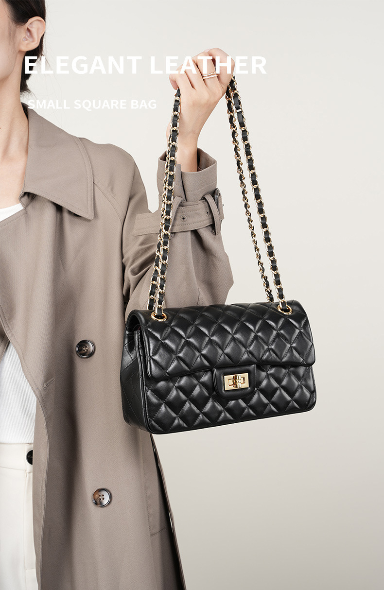 DEEPKEE original nubuck handmade full-grain genuine leather cowhide bag 頭層牛皮鏈條菱格單肩斜挎真皮小方包 2382 號