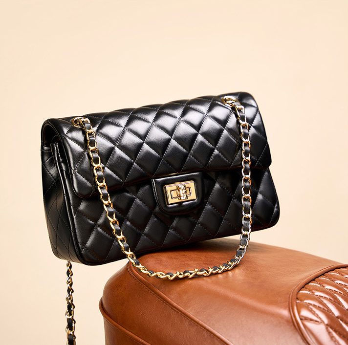 DEEPKEE original nubuck handmade full-grain genuine leather cowhide bag 頭層牛皮鏈條菱格單肩斜挎真皮小方包 2382 號