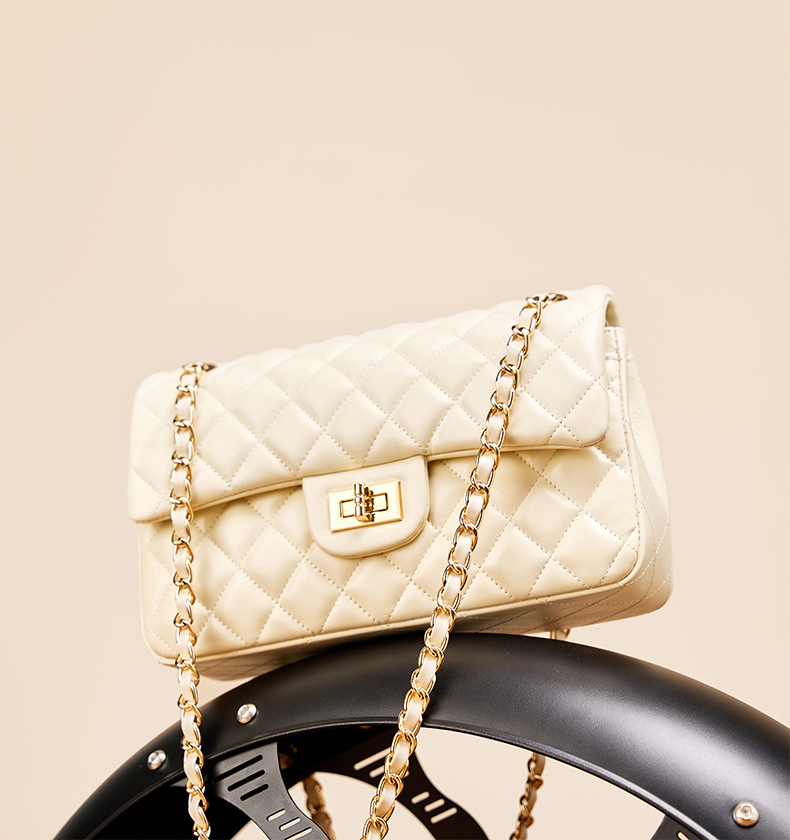 DEEPKEE original nubuck handmade full-grain genuine leather cowhide bag 頭層牛皮鏈條菱格單肩斜挎真皮小方包 2382 號