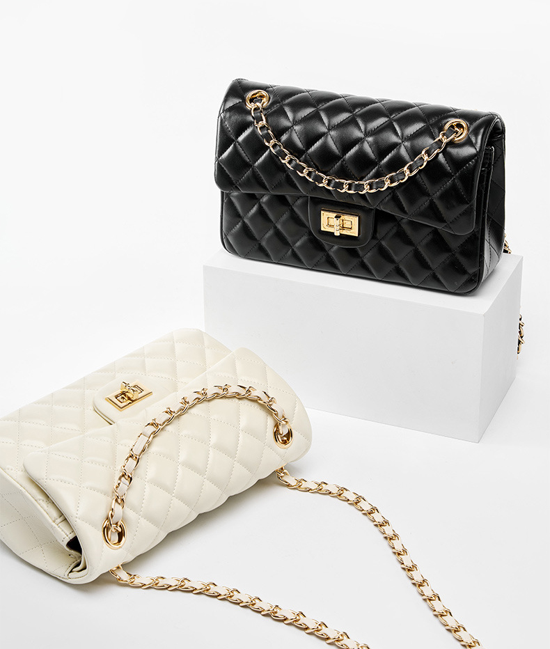 DEEPKEE original nubuck handmade full-grain genuine leather cowhide bag 頭層牛皮鏈條菱格單肩斜挎真皮小方包 2382 號