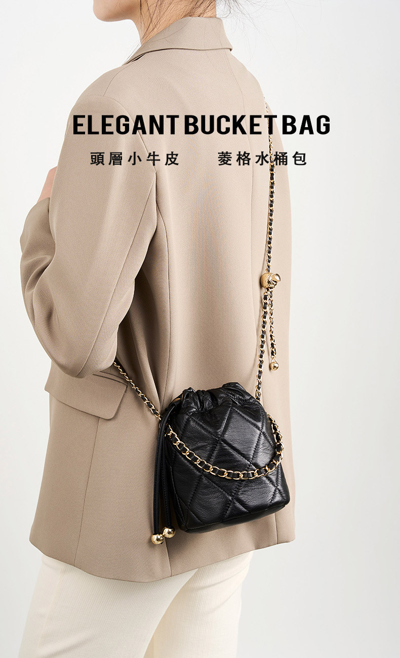 DEEPKEE original nubuck handmade full-grain genuine leather cowhide bag 真皮手提小鏈條女包 斜挎水桶包 2505 號