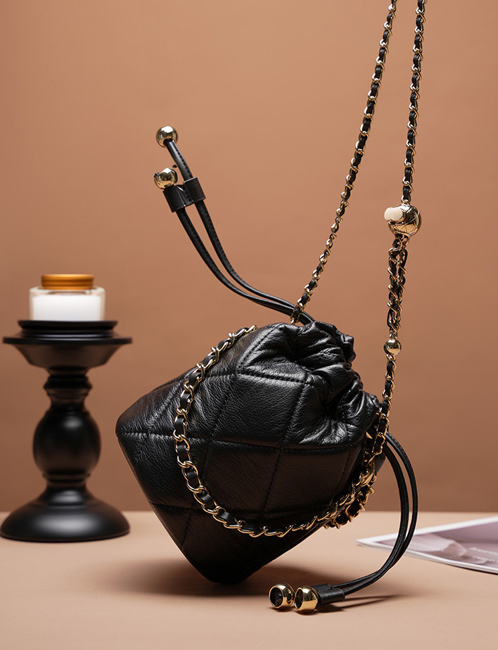 DEEPKEE original nubuck handmade full-grain genuine leather cowhide bag 真皮手提小鏈條女包 斜挎水桶包 2505 號